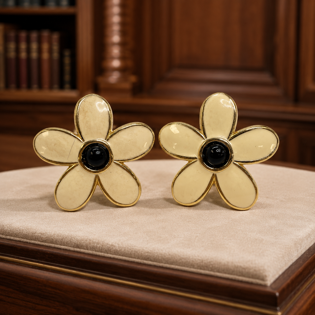 Vintage Monet Gold Tone Cream Flower Clip-On Earrings with Black Faux Stone Centers | Designer Floral Jewelry 19.8g