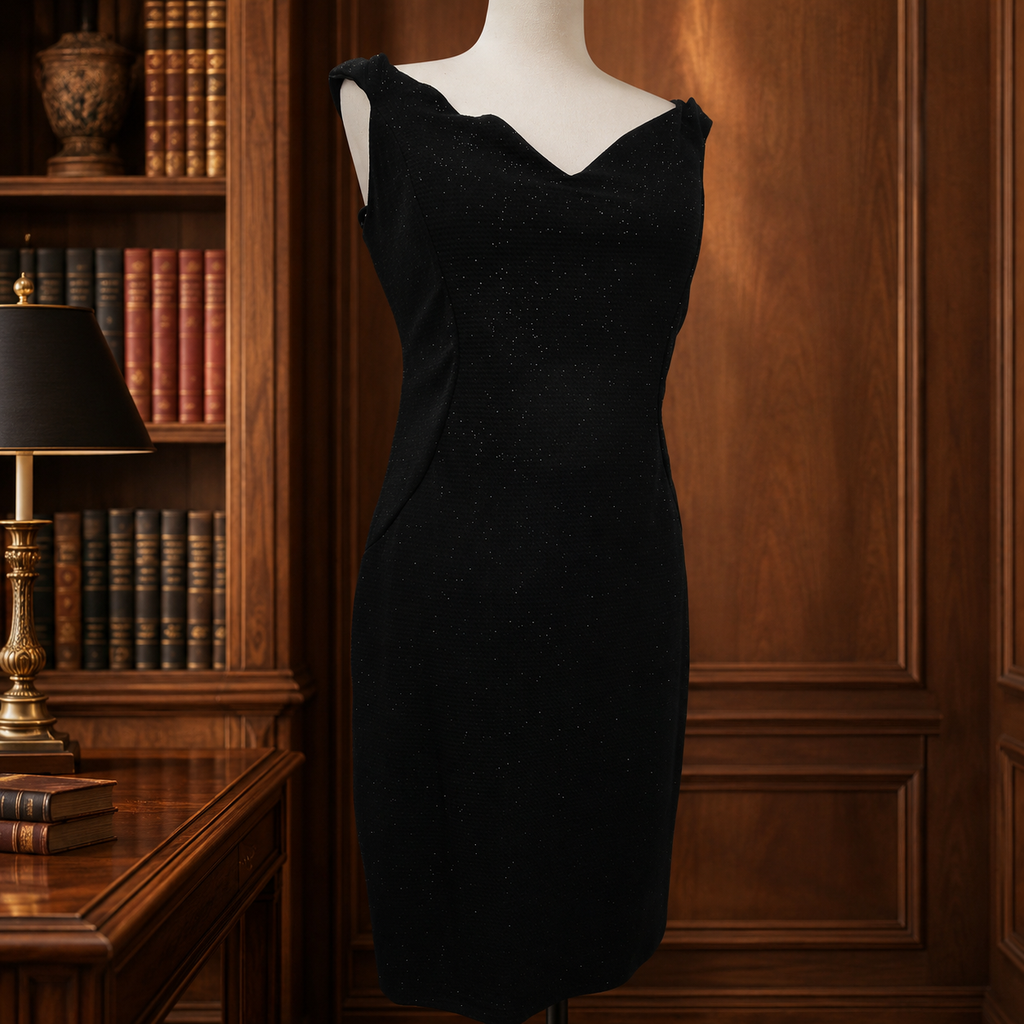NWT Marina Black Glitter Off Shoulder Scallop Neckline Cocktail Dress Women 12