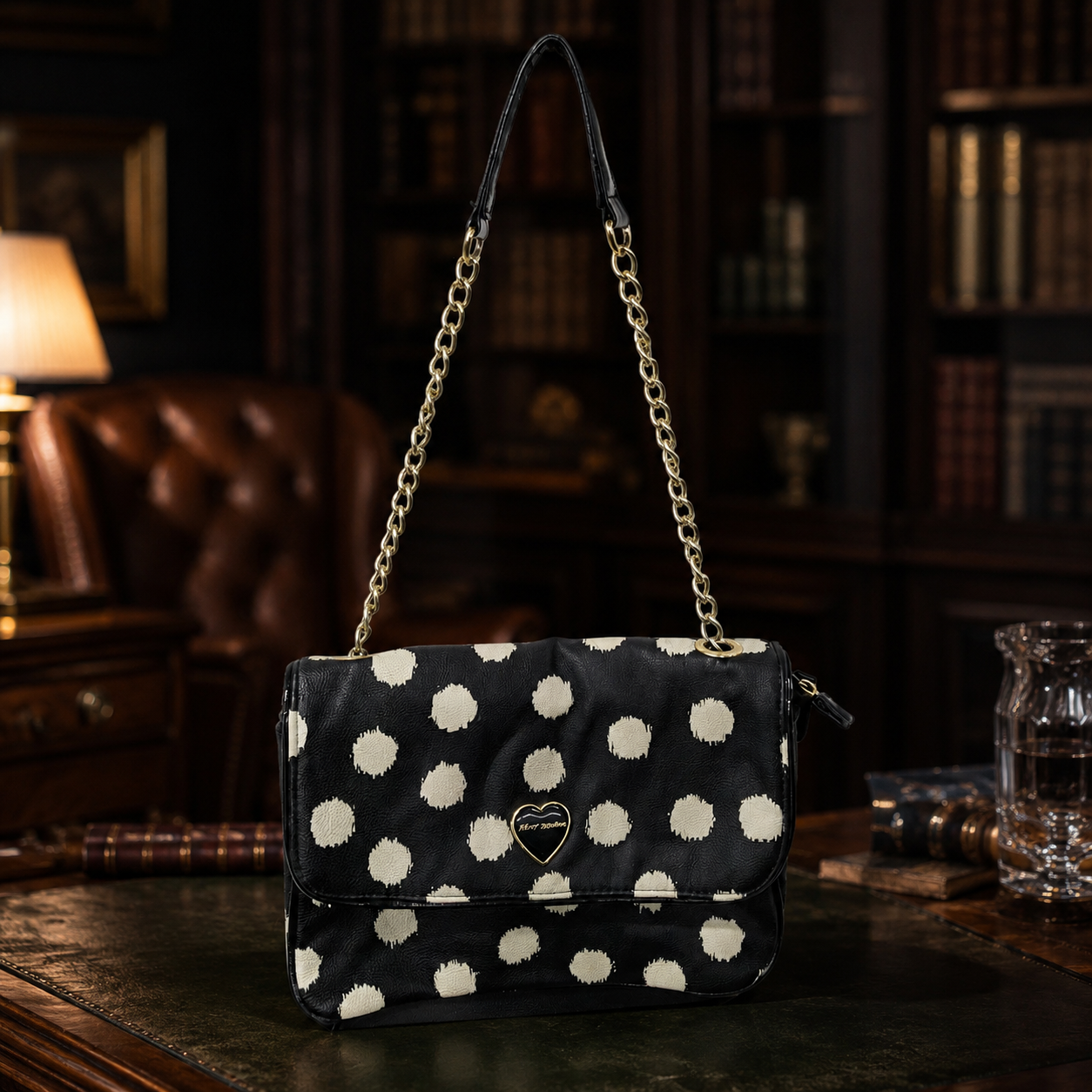 Betsey Johnson Black Polka Dot Shoulder Bag with Chain Strap