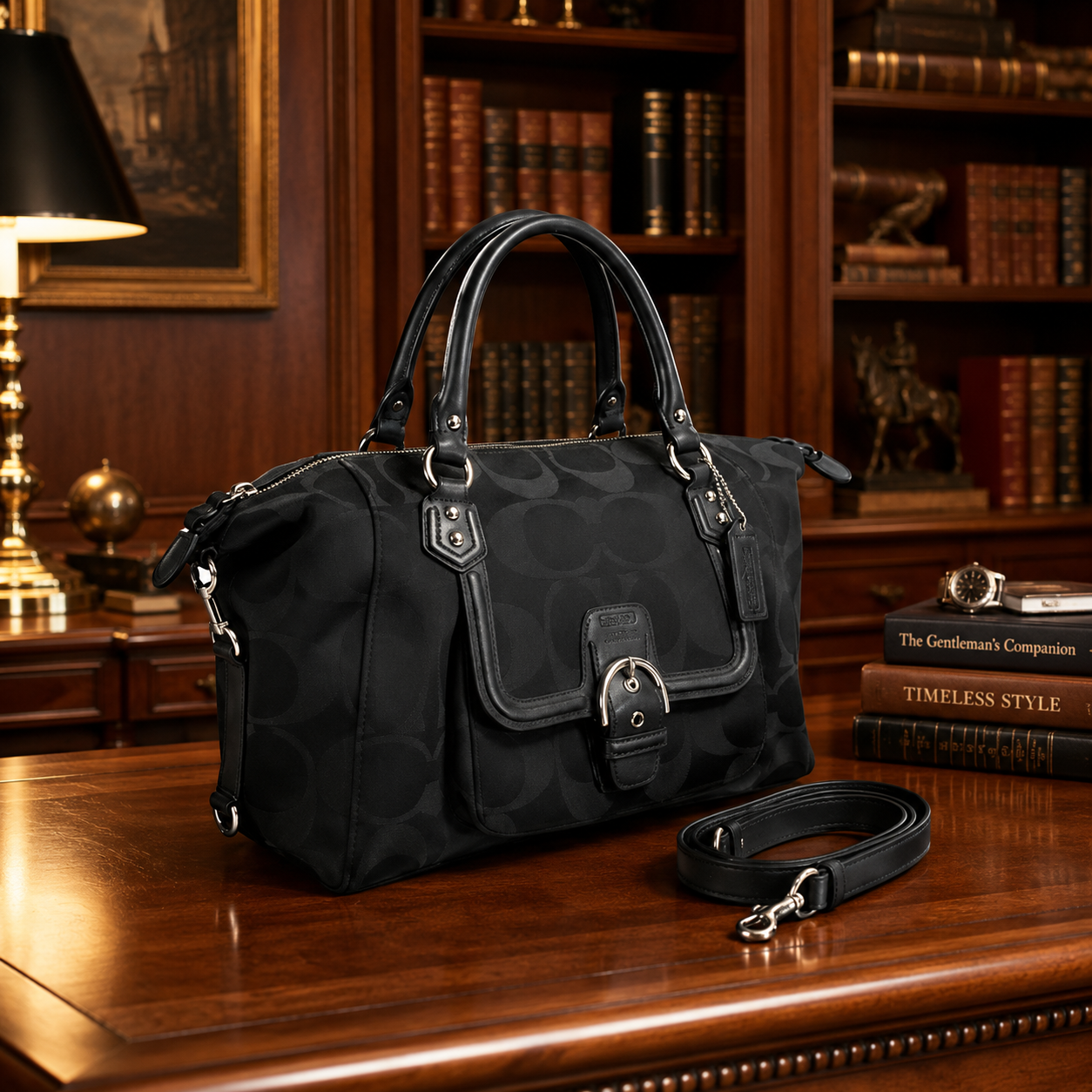 Coach Signature Black Satin & Leather Satchel Handbag, 15 x 12 x 5 [C769]