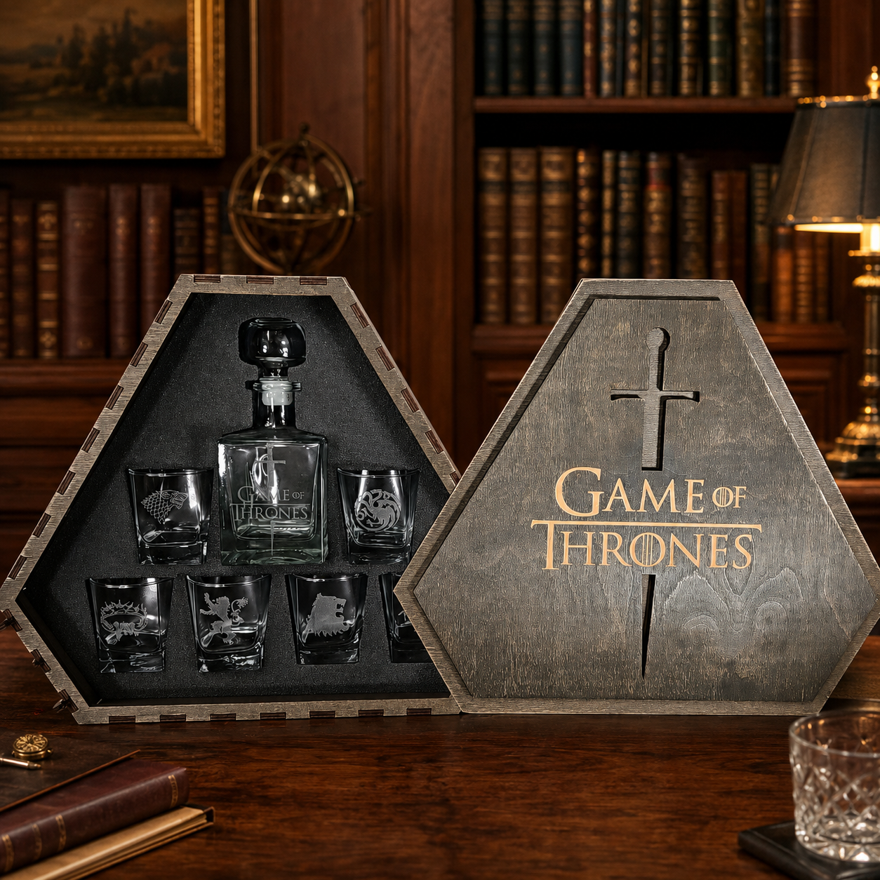 Game of Thrones Glassware Set Decanter & 6 Shot Glasses with Wooden Box