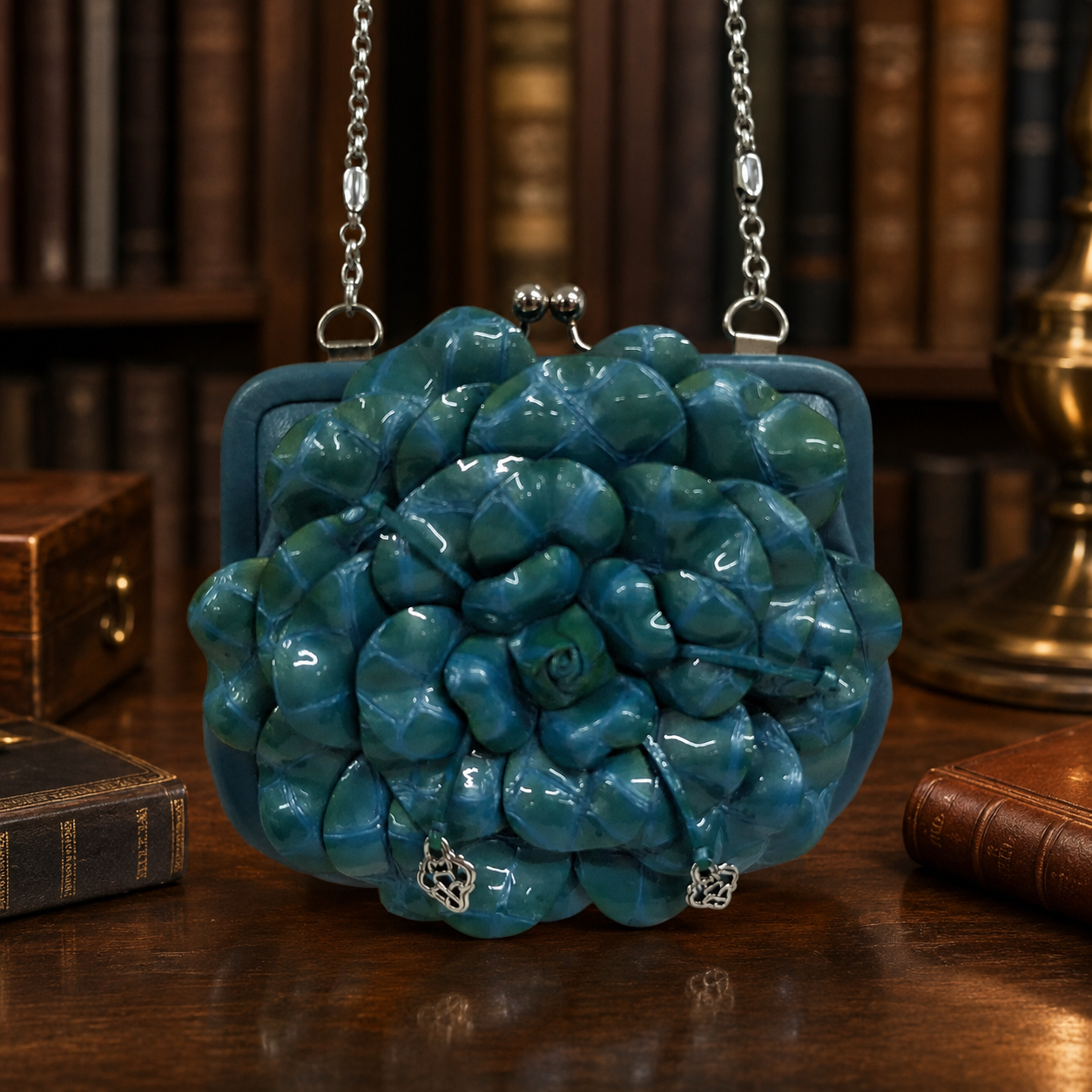 Blue Roselie Floral Coin Purse with Chain Strap | Compact Statement Crossbody Bag