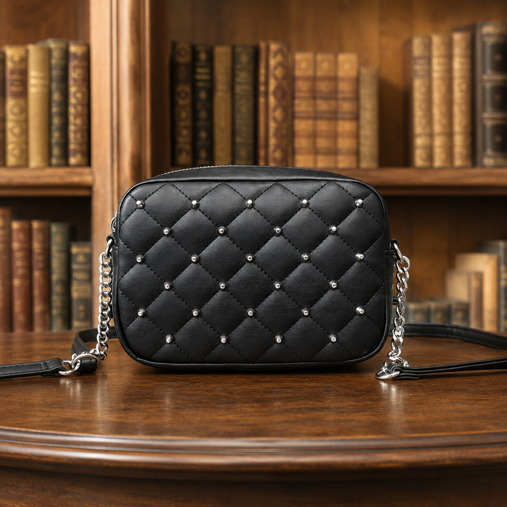 Rebecca Minkoff Black Diamond Quilt Studded Top Zip Crossbody Bag