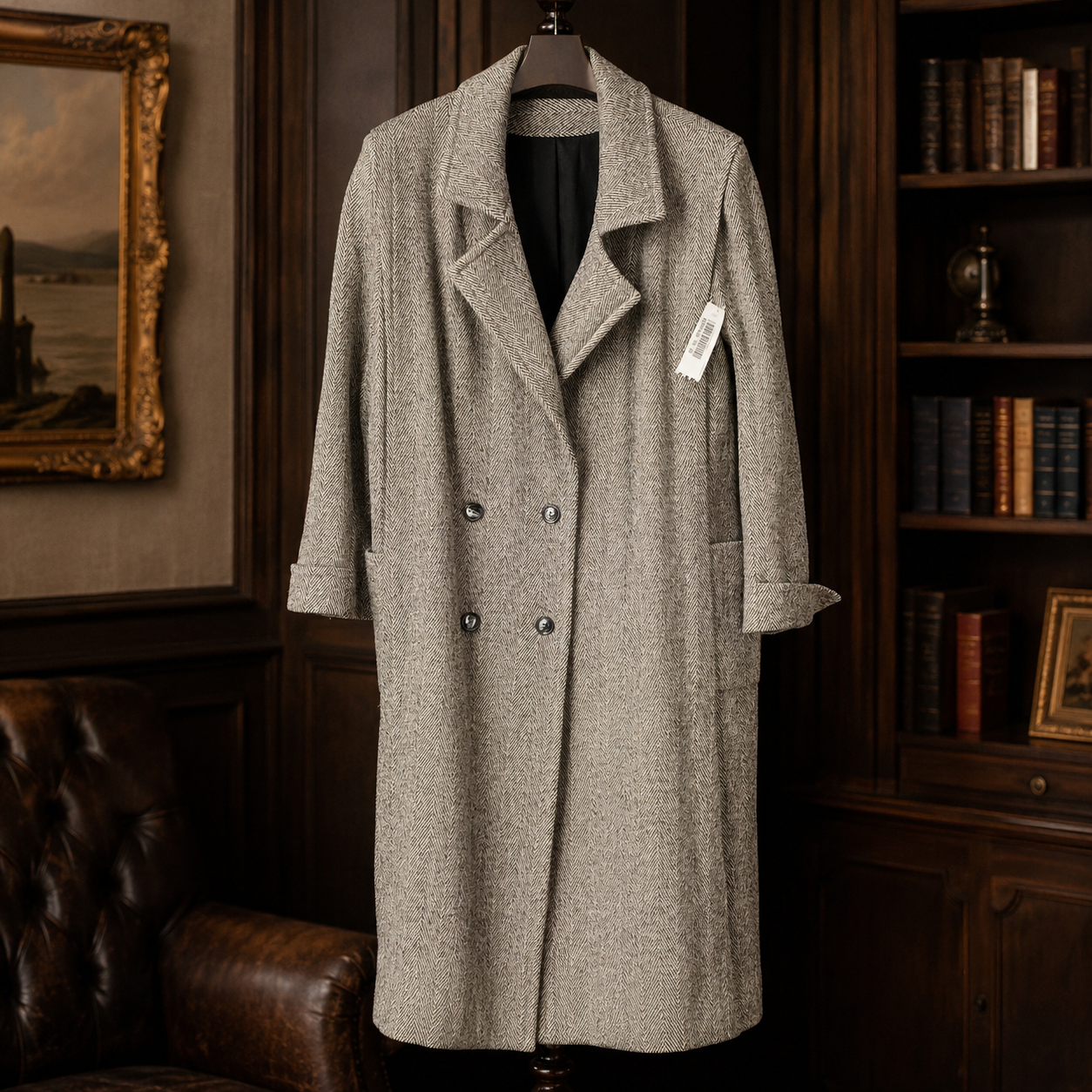 Noble Fashions Men's Black/Ivory Long Wool Blend Herringbone Winter Coat