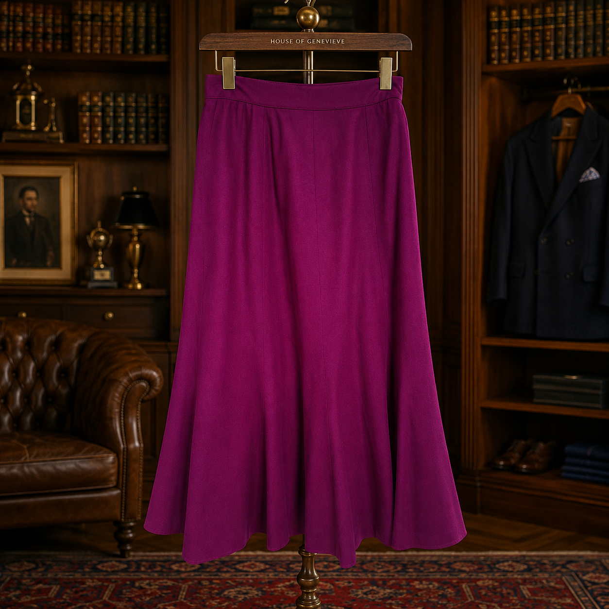 Women's Purple Magenta Pleated A-Line Wool Skirt with Side Button Closure