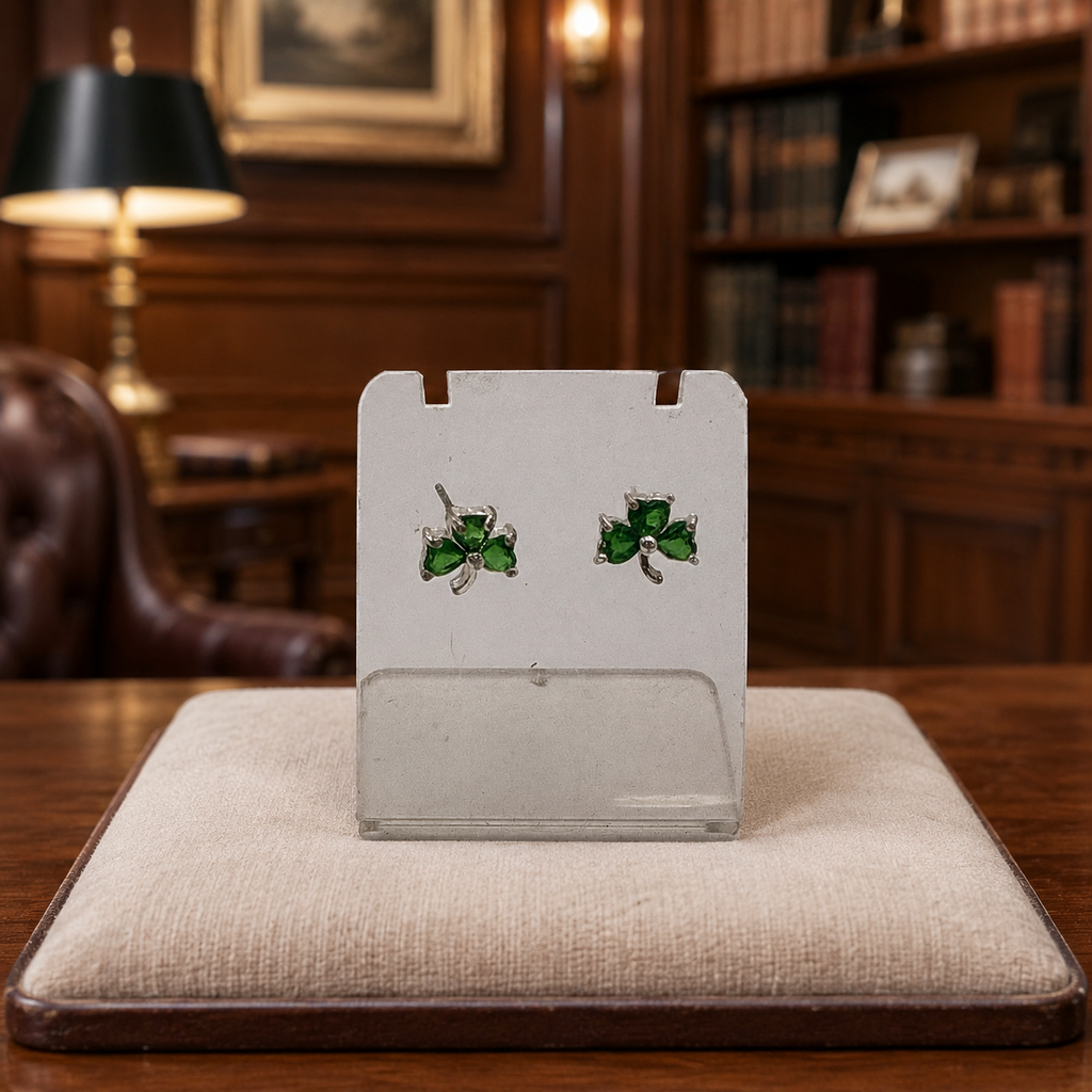 Silver Tone Green CZ Clover Earrings