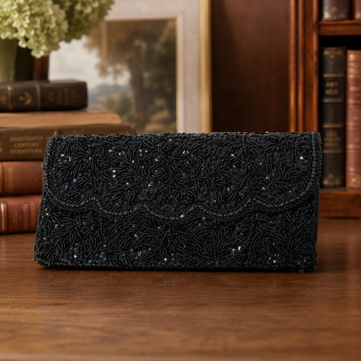 Vintage La Regale Handmade Beaded Black Evening Clutch Purse