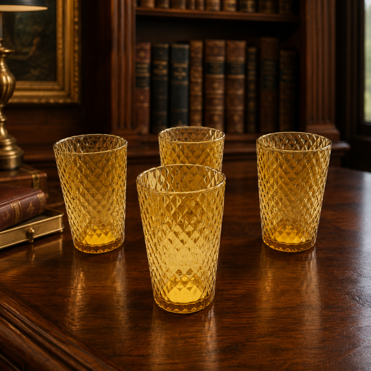 Vintage Amber Diamond Optic Drinking Glasses Set of 4 Textured Tumbler Cups