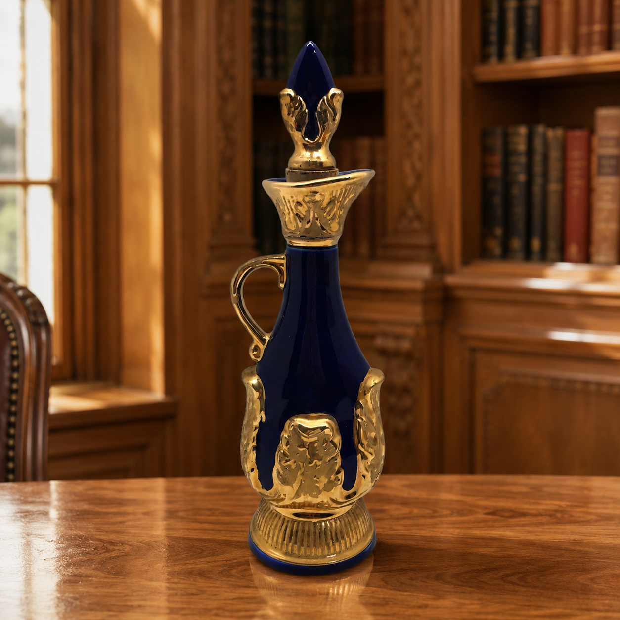 Vintage 1966 Blue With Gold Tone Glass Decanter