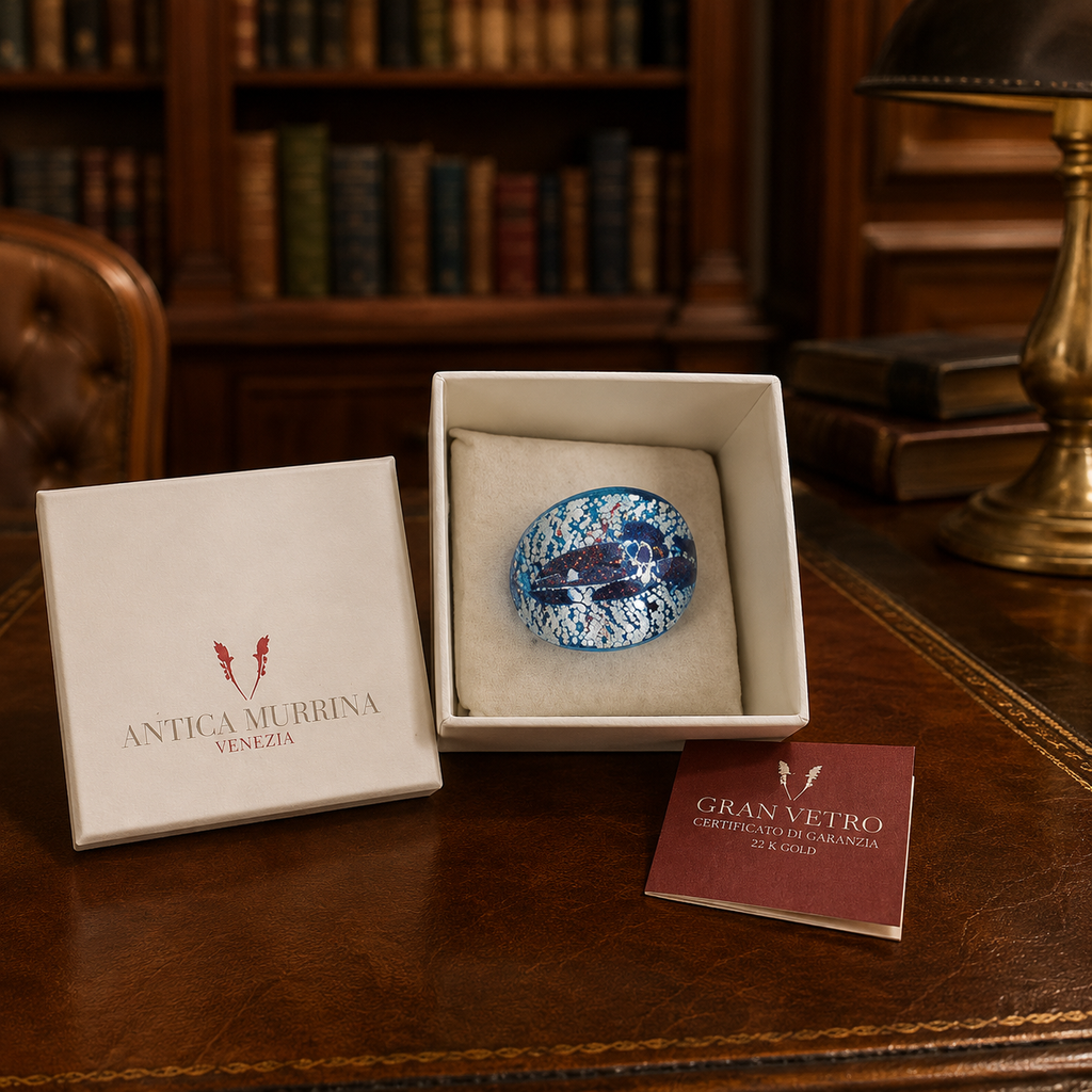 Vintage Antica Murrina Venezia Blue Murano Style Art Glass Statement Ring Size 6 with Original Box