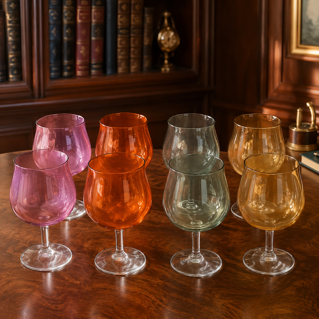 Set of 8 Multi-Color Wine Glasses Clear Stem 8.5 Inch Tall Green Orange Purple Red