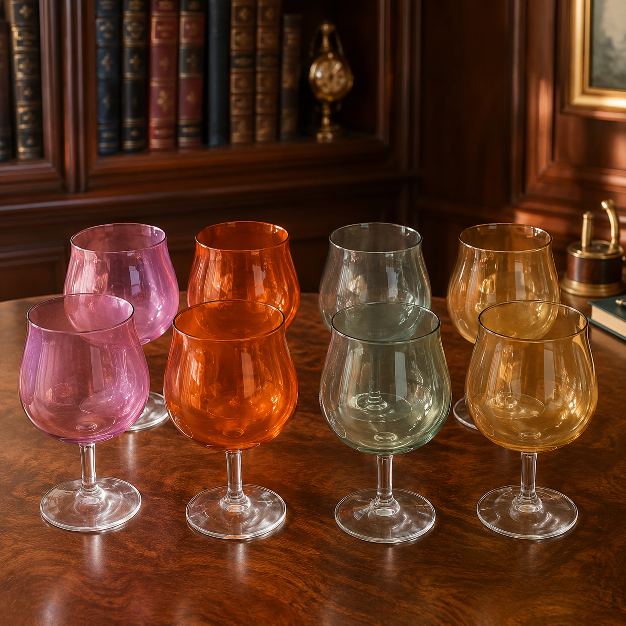 Set of 8 Multi-Color Wine Glasses Clear Stem 8.5 Inch Tall Green Orange Purple Red