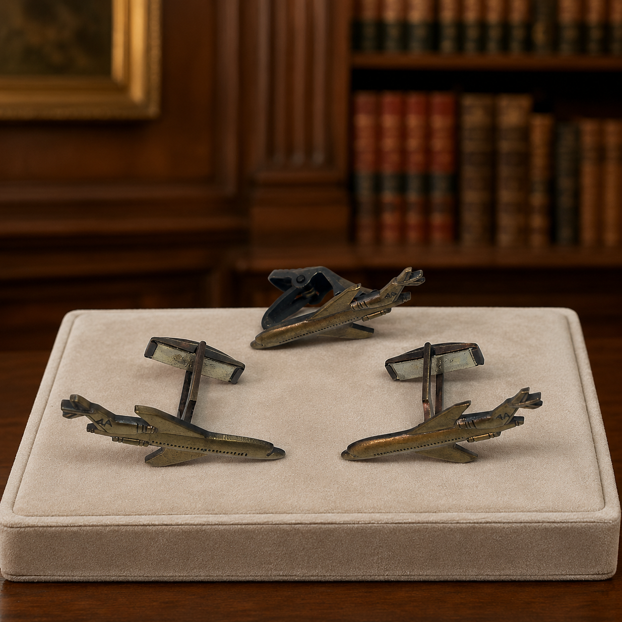 Bronze Tone Airplane Cufflinks and Tie Clip Set 13.5g