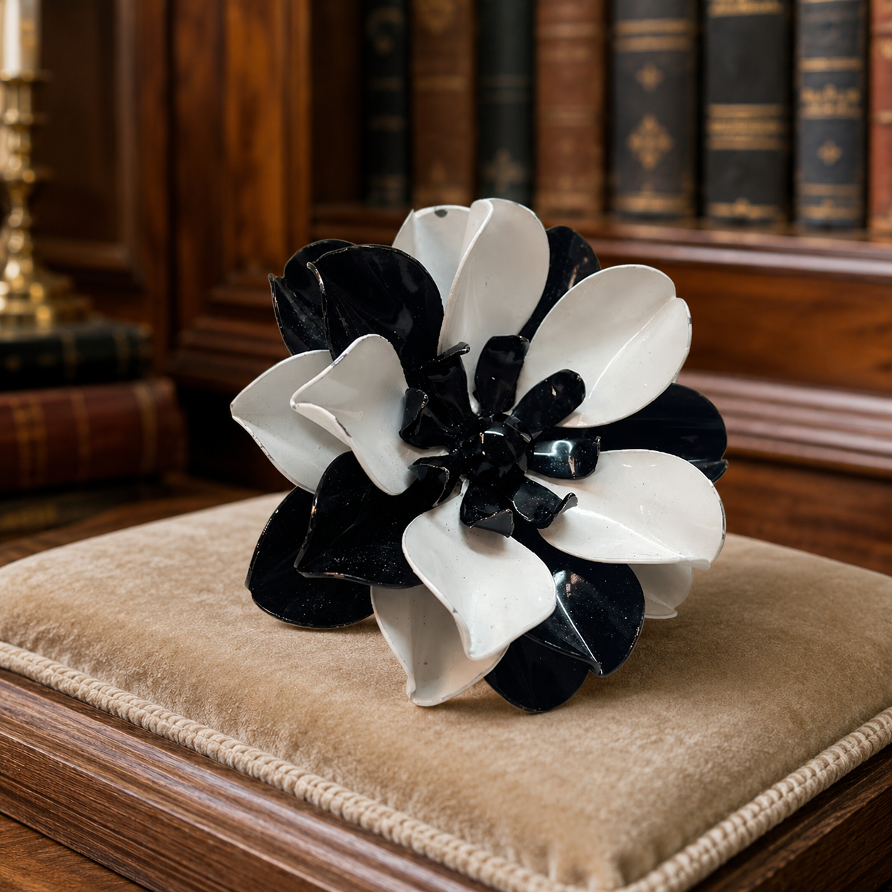 Vintage Black & White Enamel Flower Brooch, Gold Tone Dimensional Floral Statement Pin