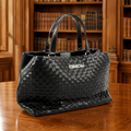 bebe Yara Woven Black Satchel Handbag 14 x 8 x 4 | Structured Logo Carryall