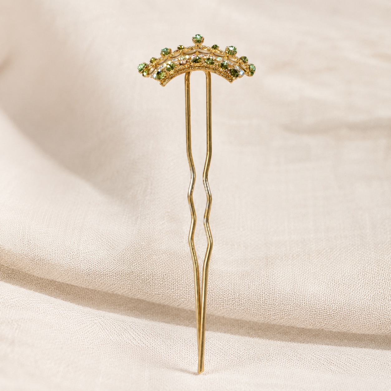 Gold Tone Crown with Green and White Rhinestone Bun Pick