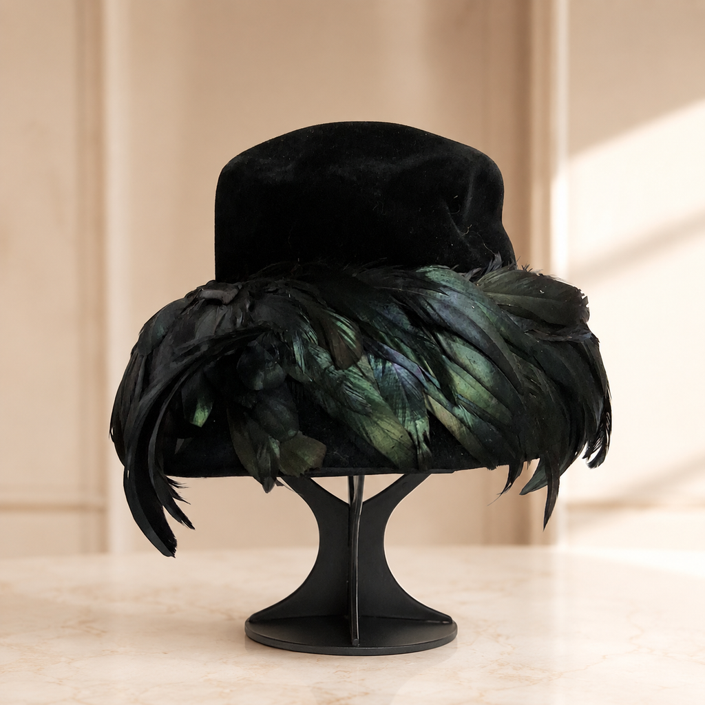 Vintage Jan Leslie Custom Design Black Velvet Hat with Feather Trim