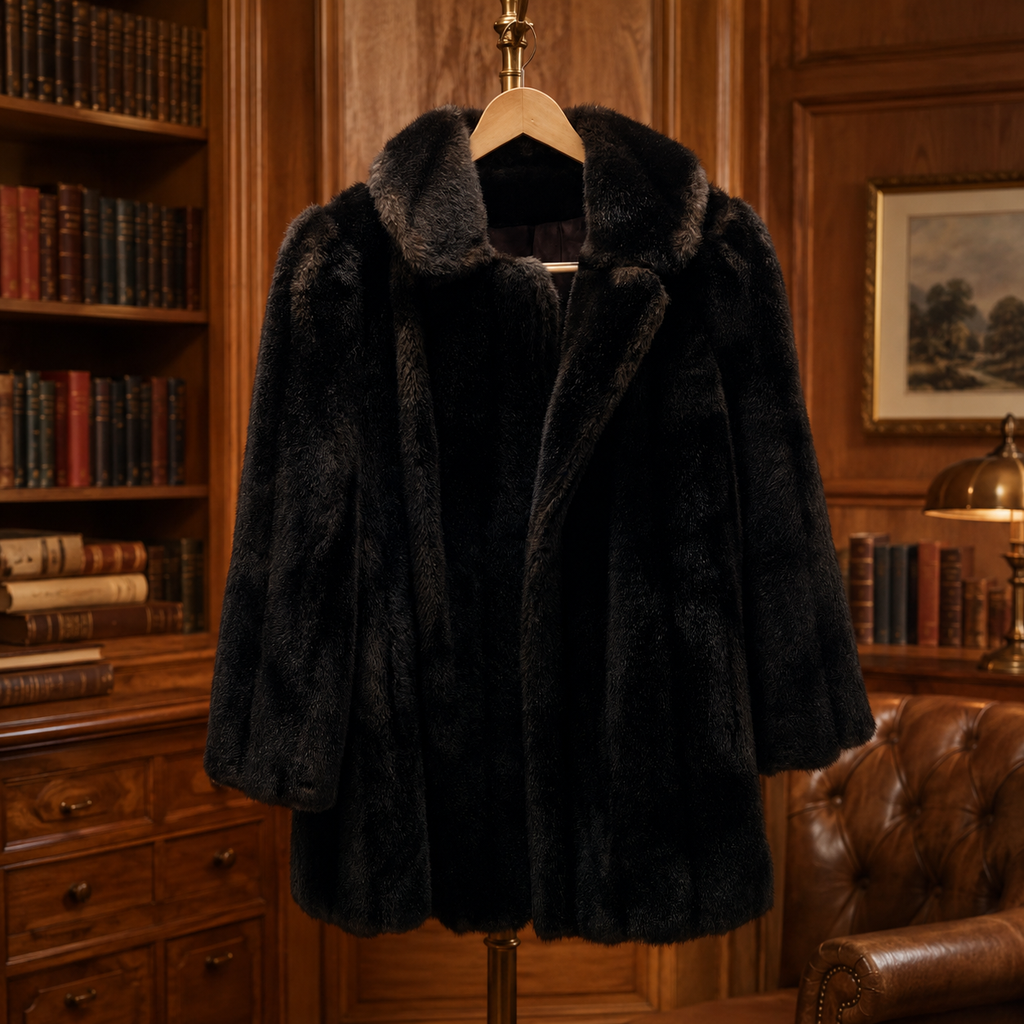 Tissavel Women's Black Fur Collared Mid-Length Winter Coat