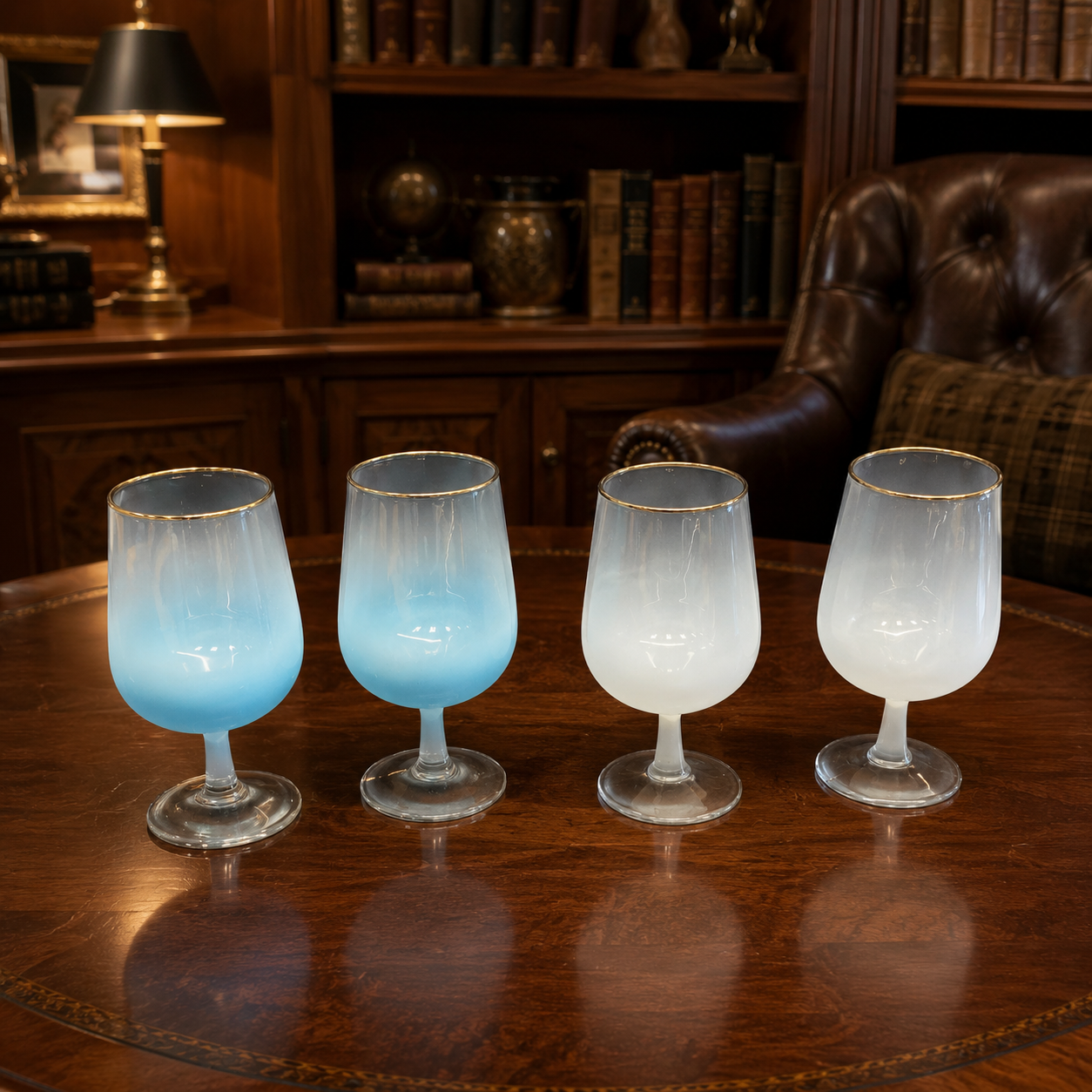 Lot of 4 Blendo Style Mid Century Blue & White Frosted Wine Glasses