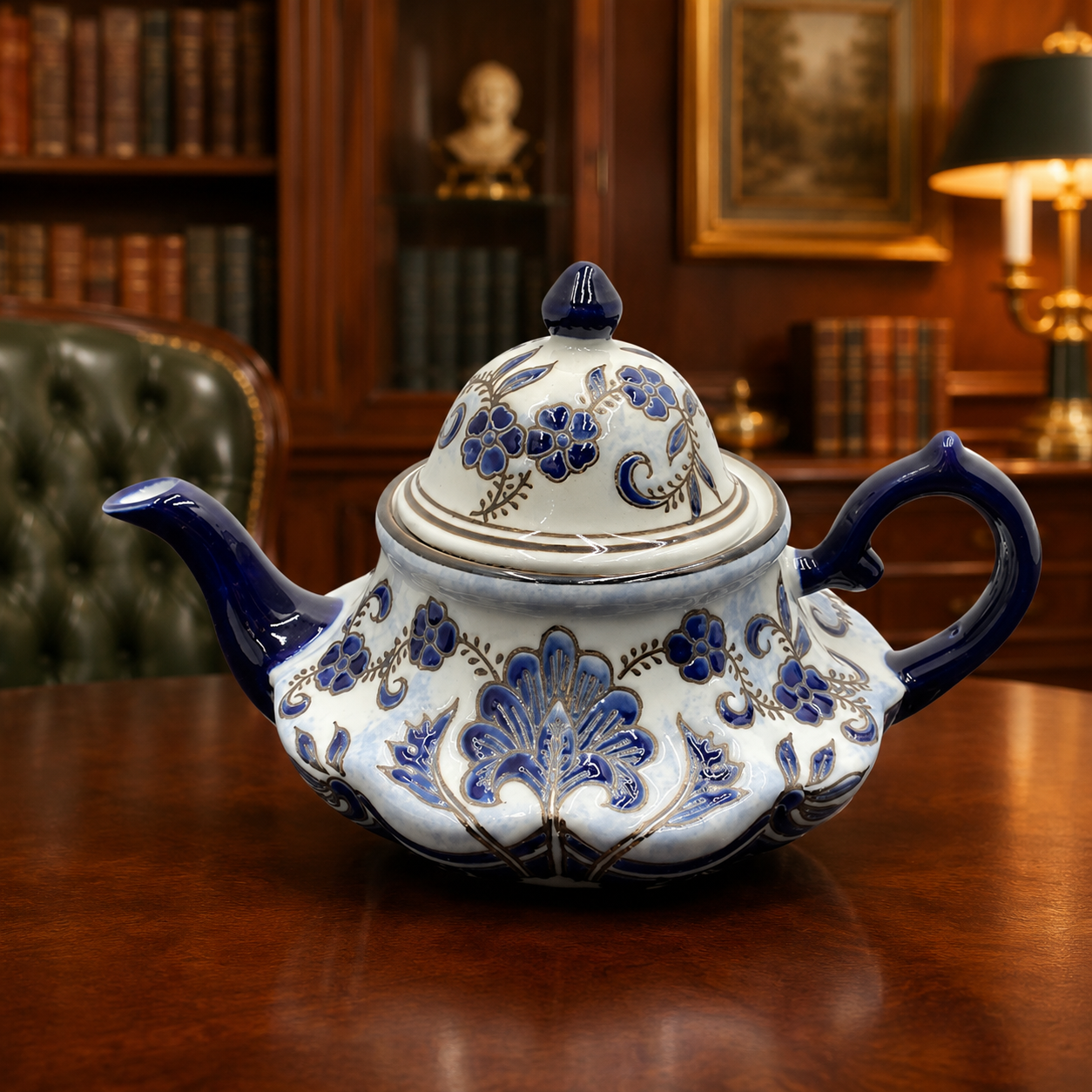 Vintage Cobalt Blue Floral Ceramic Teapot Porcelain Tea Pot with Lidded Finial