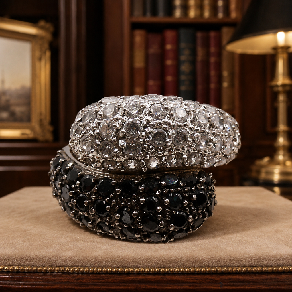 Silver Plate Cubic Zircon White/Dark Blue/Black Pave Wrap Band Sz 9 Ring 12.38g