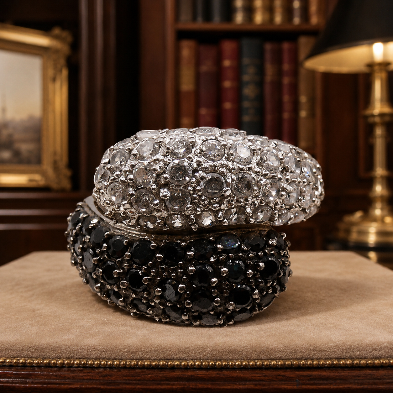 Silver Plate Cubic Zircon White/Dark Blue/Black Pave Wrap Band Sz 9 Ring 12.38g