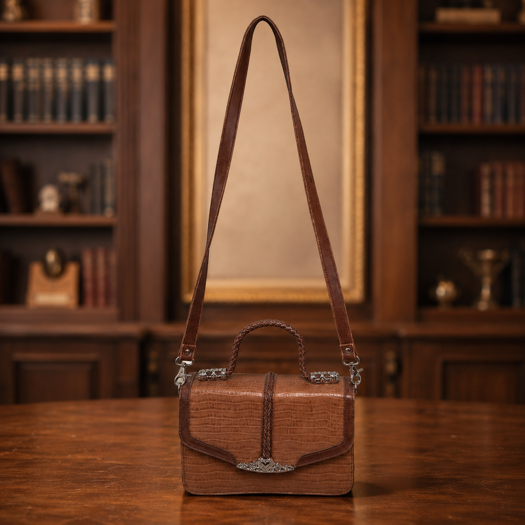 Vintage Brown Faux Leather Handbag with Braided Handle and Heart Accent