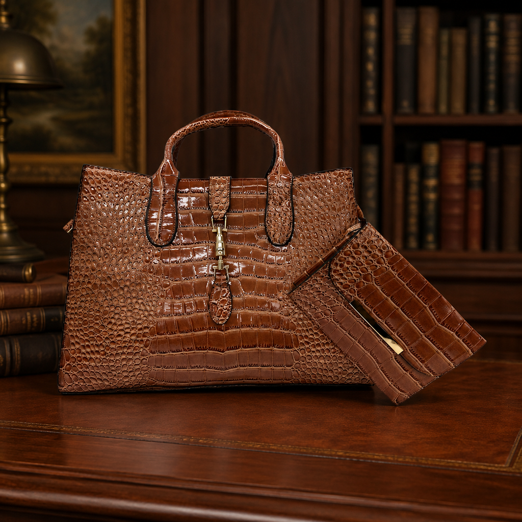 Angelo Brown Croc-Embossed Satchel Handbag with Matching Wristlet & Shoulder Strap | Faux Leather Carryall