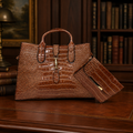 Angelo Brown Croc-Embossed Satchel Handbag with Matching Wristlet & Shoulder Strap | Faux Leather Carryall