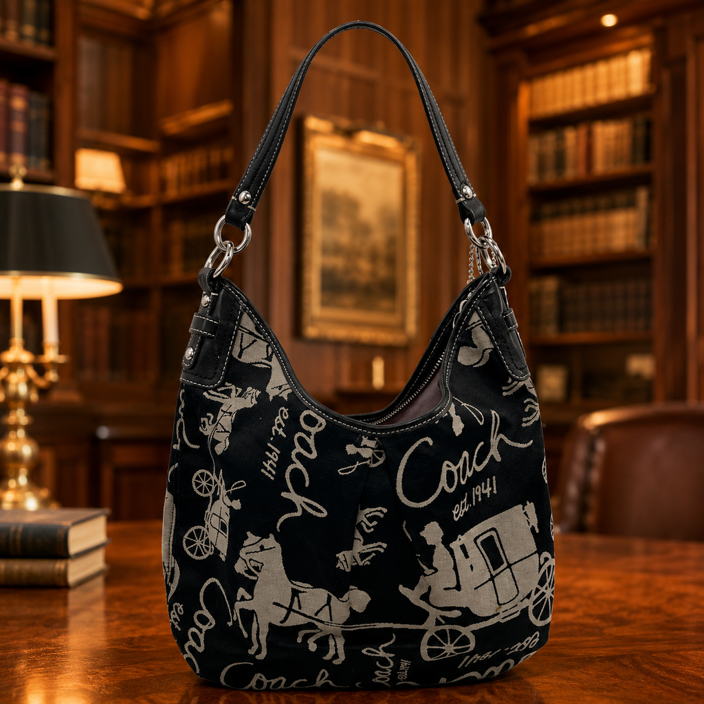 Coach Horse and Carriage Hobo Bag Black Canvas Leather Trim Shoulder Handbag