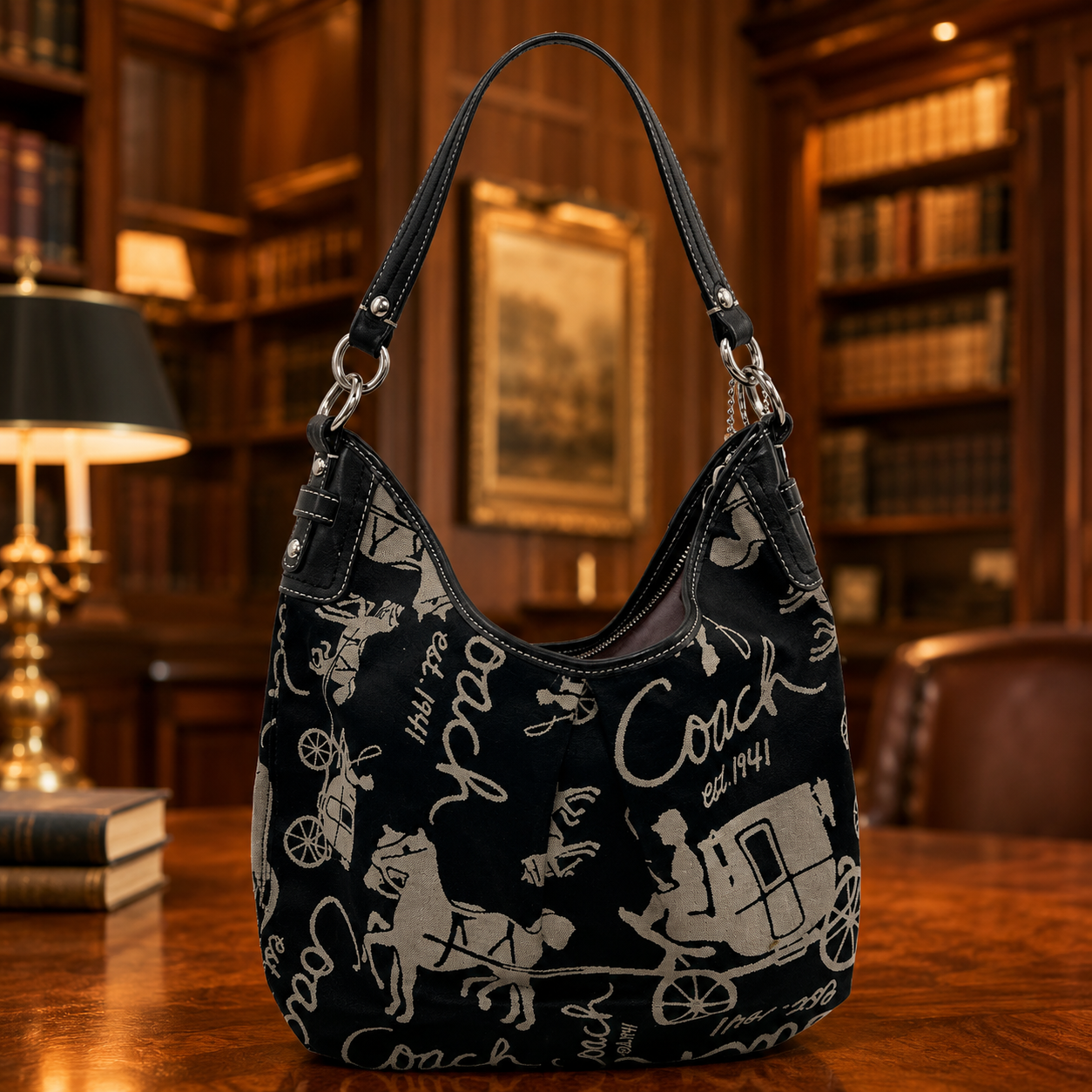 Coach Horse and Carriage Hobo Bag Black Canvas Leather Trim Shoulder Handbag