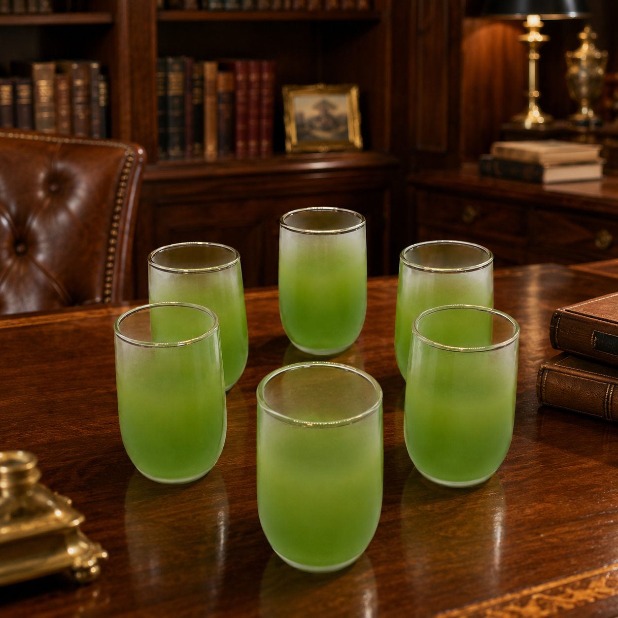 Vintage Blendo Green Juice Glasses with Gold Rim, 6 Piece Set