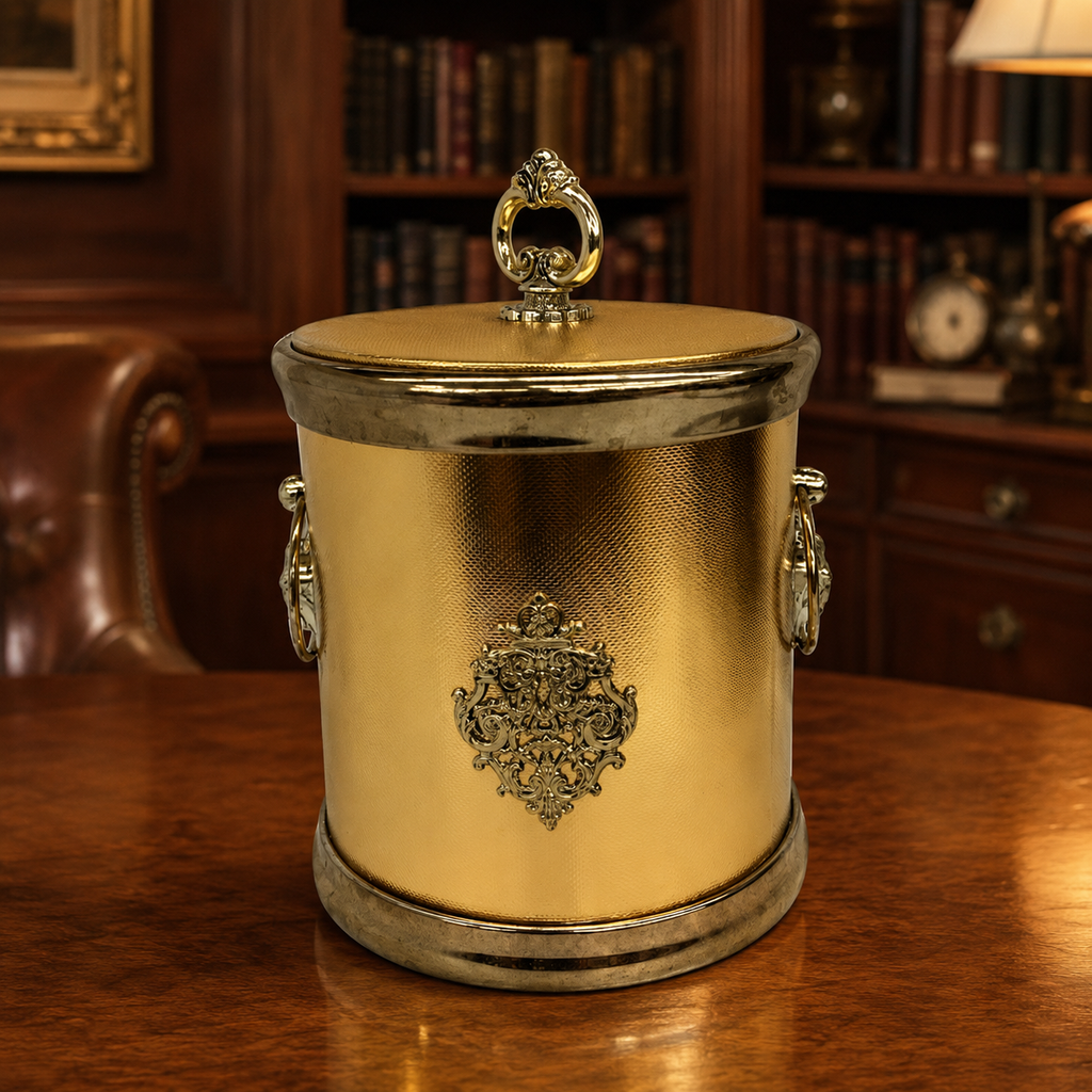 Gold-Tone Ice Bucket with Handle and Decorative Lid