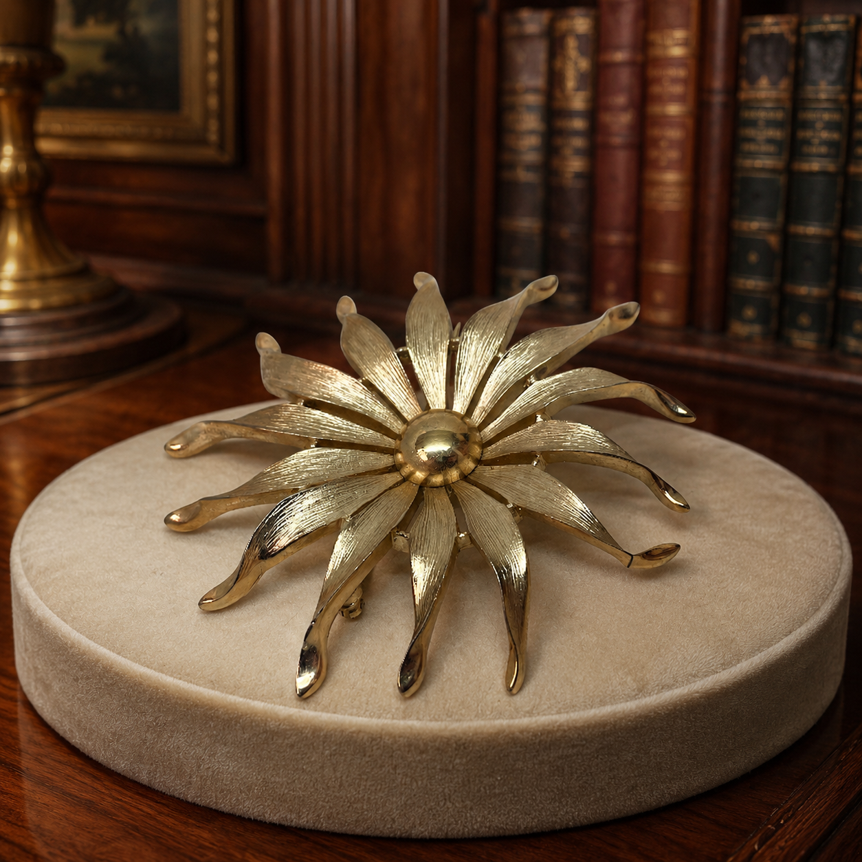 Crown Trifari Gold Tone Flower Brooch, Signed Vintage Pearl Center Floral Pin