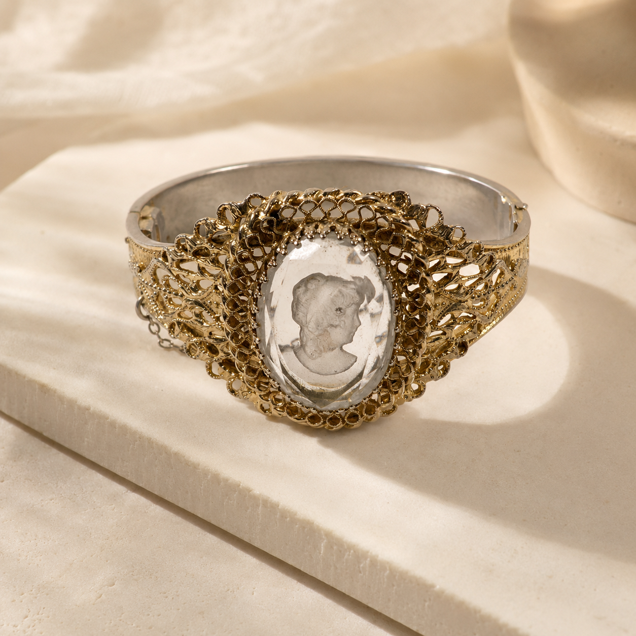 Whiting and Davis Vintage Gold Tone Intaglio Portrait Cameo Hinged Bracelet