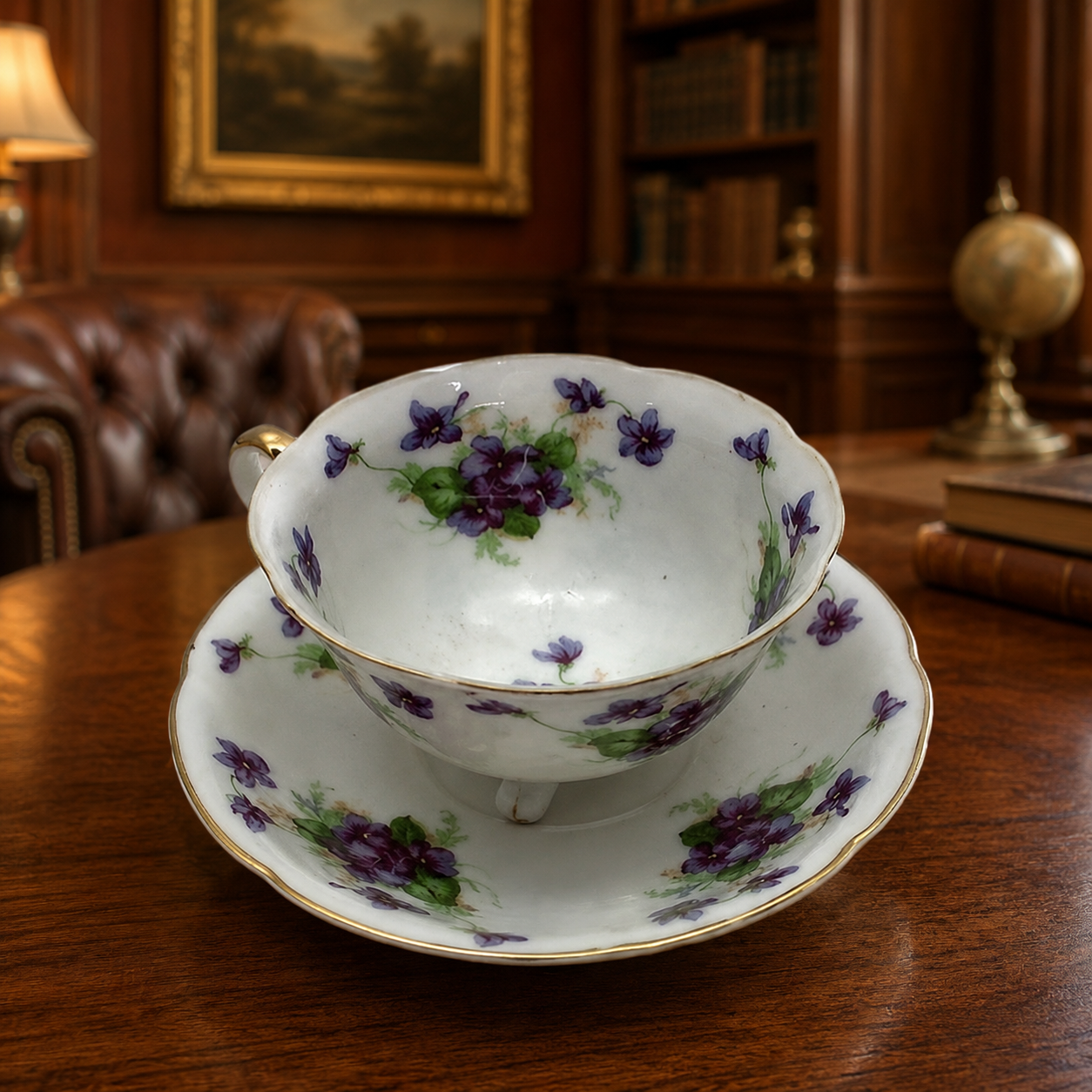 Vintage Lefton China White and Purple Porcelain Footed Tea Cup and Saucer Set