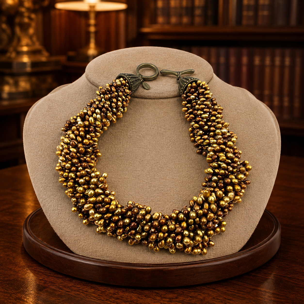 Vintage Gold Tone Faux Pearl Cluster Statement Necklace | Multi-Strand Bib Collar Necklace