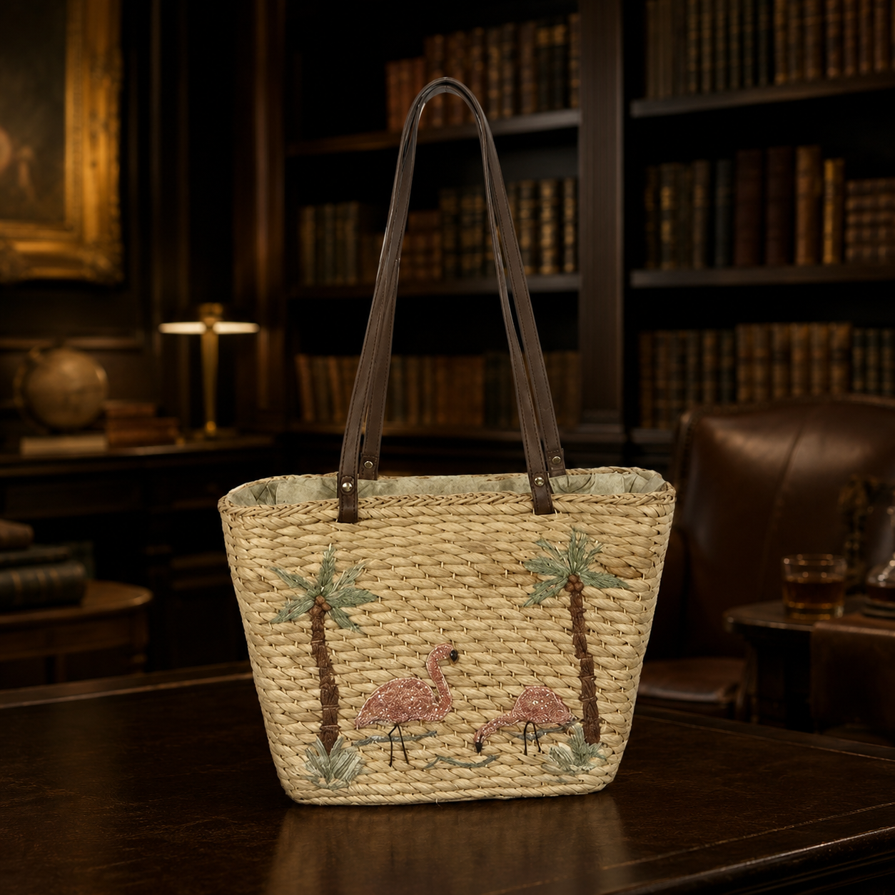 Cappelli Straworld Flamingo Straw Tote Beach Bag Pink Lined Palm Trees