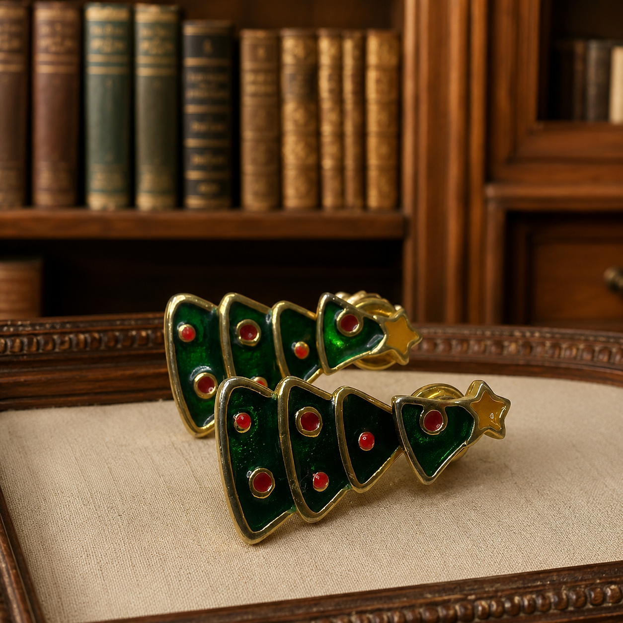 Gold Tone Green & Red Enamel Dangle Christmas Tree Earrings