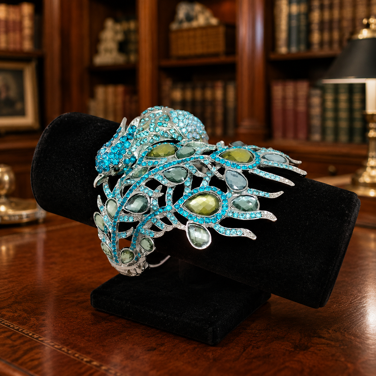 Colorful Peacock Crystal Statement Cuff Bracelet Blue Green Rhinestone Hinged Bangle