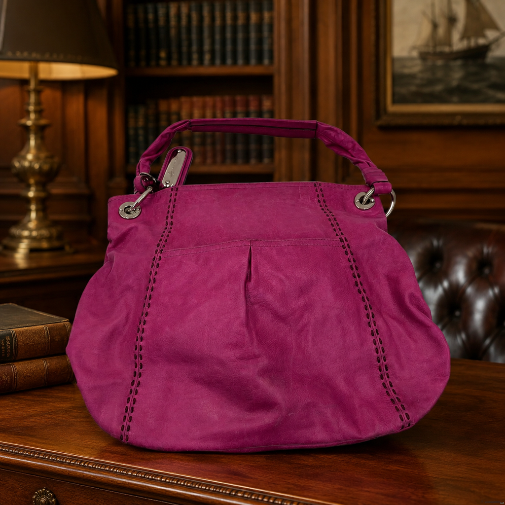 B. Makowsky Pink Leather Shoulder Bag Leopard Print Lining Slouchy Hobo Purse