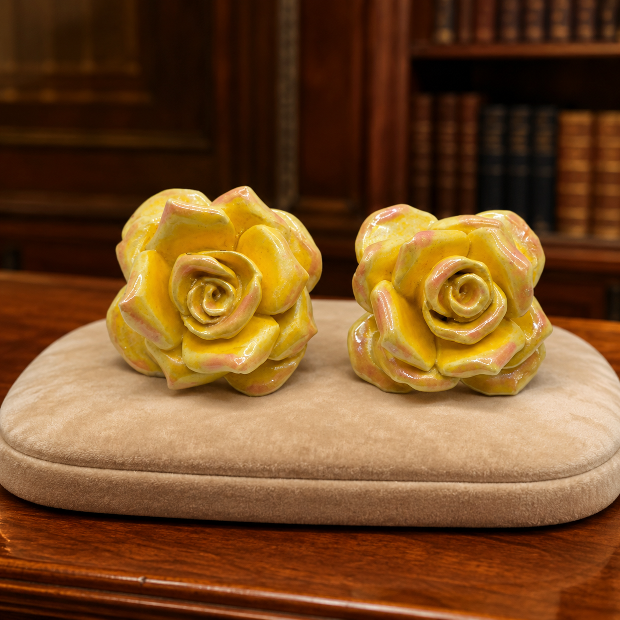 Large Vintage Porcelain Yellow Flower Clip-On Earrings