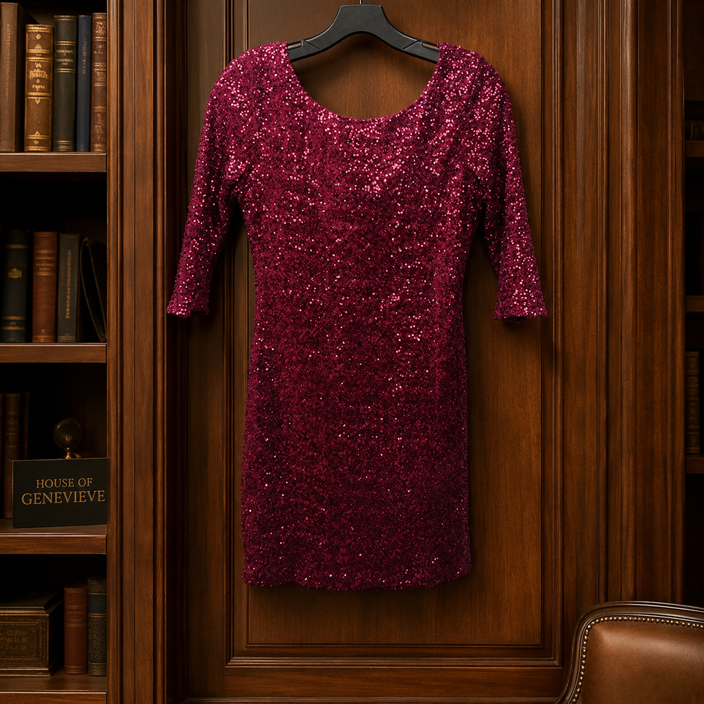 Crystal Doll Burgundy Sequin Bodycon Dress 3/4 Sleeve Cocktail Party Dress Size Medium