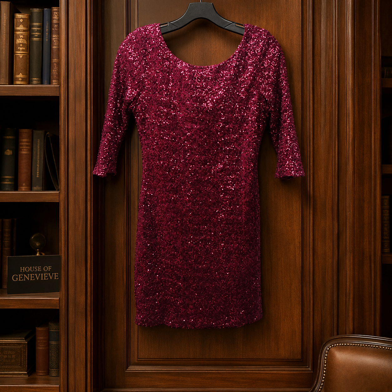 Crystal Doll Burgundy Sequin Bodycon Dress 3/4 Sleeve Cocktail Party Dress Size Medium