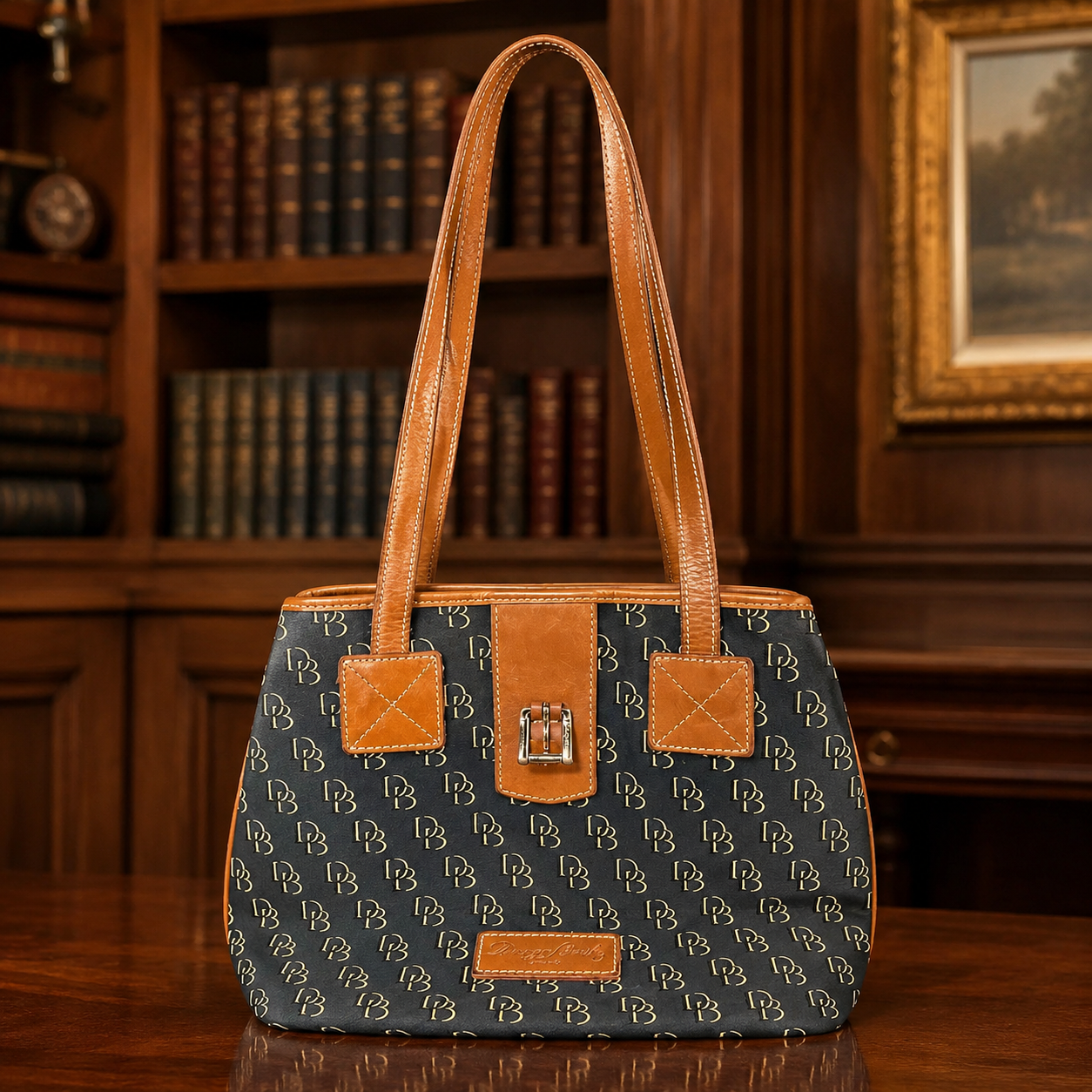 Dooney and Bourke Signature DB Monogram Tote Shoulder Bag with Tan Leather Trim | Medium Shopper Tote
