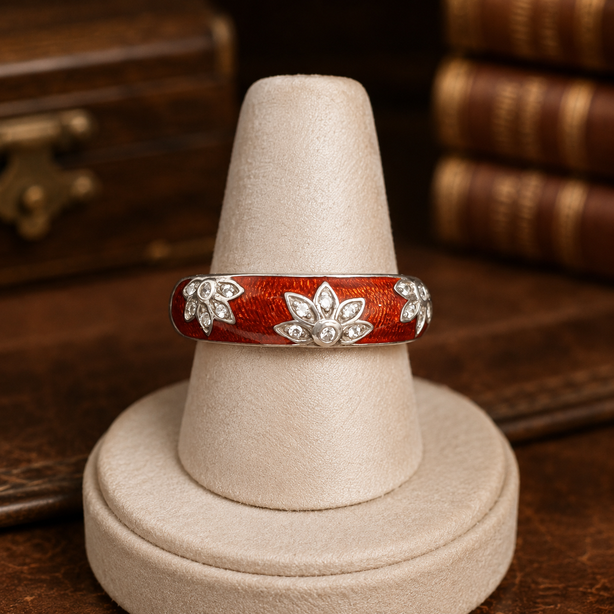 925 Sterling Silver Red Enamel Flower Ring with CZ Accents | Size 6 Romantic Floral Band