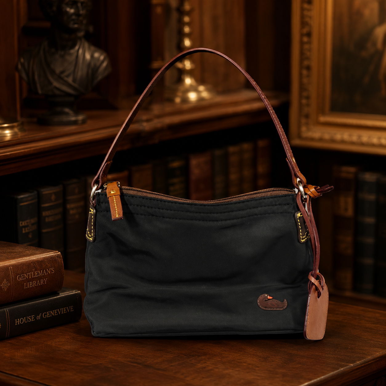 Dooney and Bourke Black Nylon Shoulder Bag with Tan Leather Trim