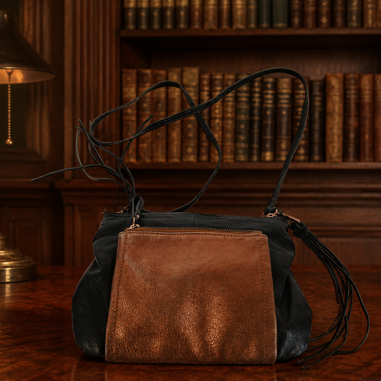 B. Makowsky Brown and Black Crossbody Bag with Animal Print Interior