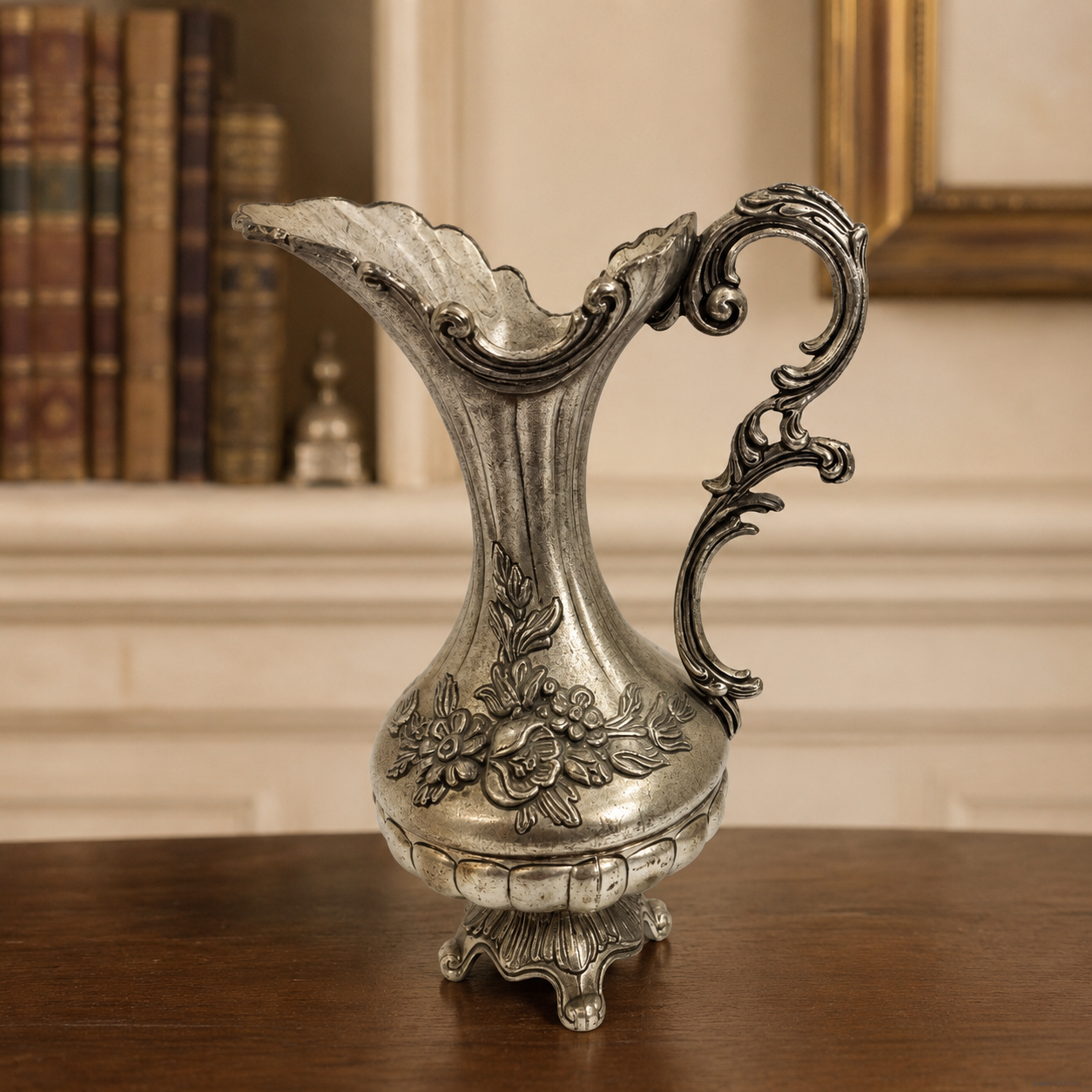 Silver-Tone Ornate Decorative Pitcher with Floral Design - Missing glass insert