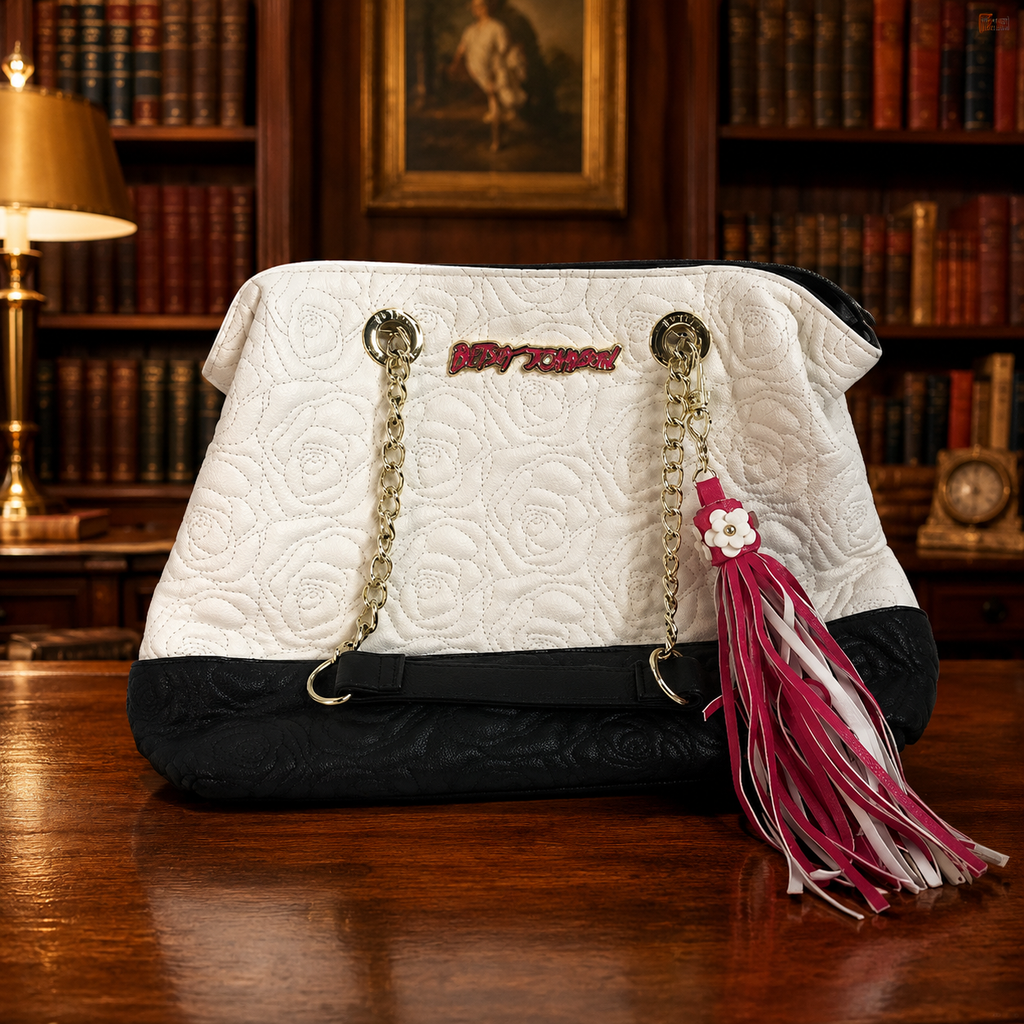Betsey Johnson White Quilted Faux Leather Shoulder Bag with Rose Detail | Chain Strap Statement Purse